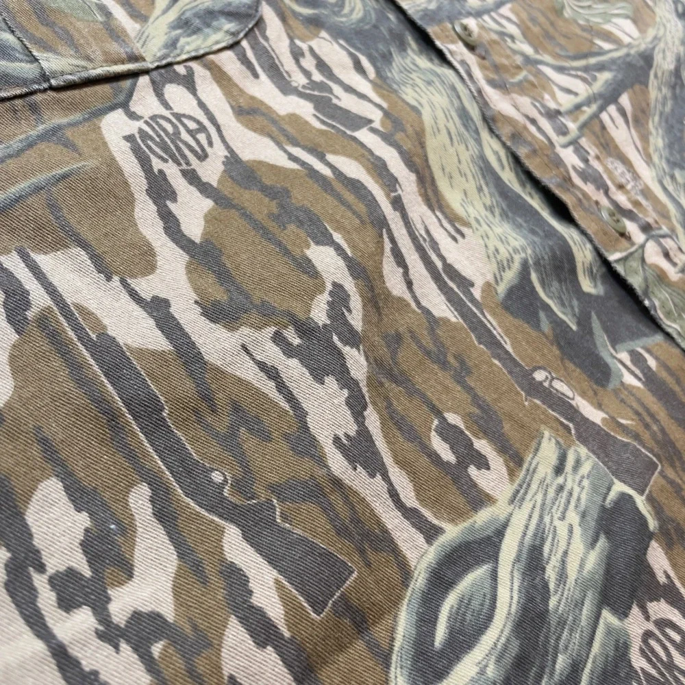 VTG 80s 90s NRA Gun Bark Camouflage Short Sleeve Button Up Shirt XL USA Hunting - Picture 7 of 9